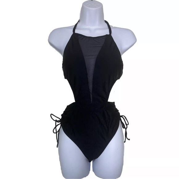 Mesh Cutout Ruched‎ Drawstring Monokini Swimsuit (Black, Small, New, Cupshe) - Picture 1 of 8